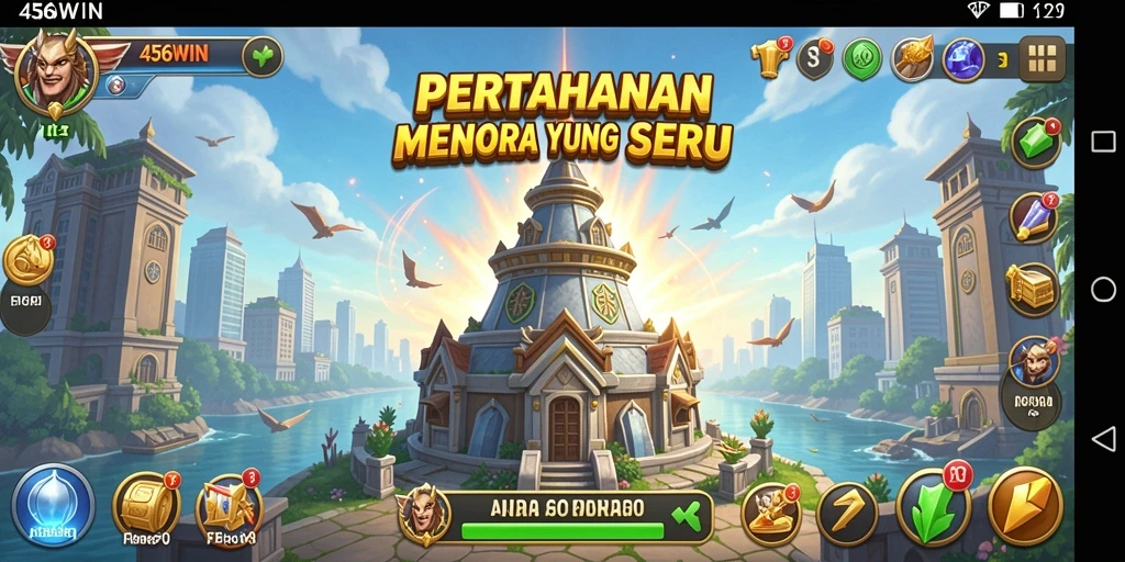 Screenshot gameplay 456WIN menampilkan pertahanan menara yang strategis dan serangan musuh.