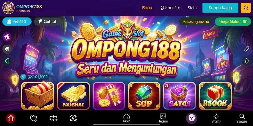 Screenshot menunjukkan gameplay slot OMPONG188 dengan gulungan yang berputar dan simbol menarik.
