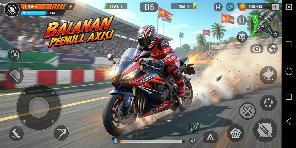 Gameplay mendebarkan balapan motor dalam RP886 yang penuh aksi.